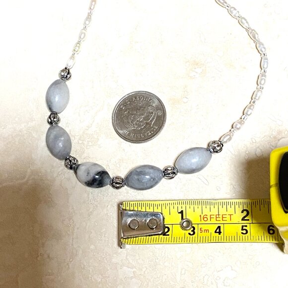 Genuine Grey Anhydrite & White Freshwater Pearl Bib Necklace, Natural Gemstone - Picture 8 of 11